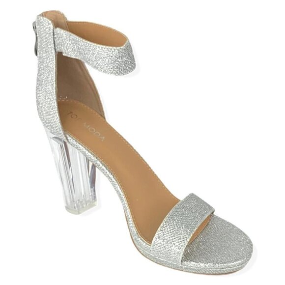 Top Moda Women's Glitter Silver Block Heel Sandals Size 10 Ankle Strap - Picture 4 of 9